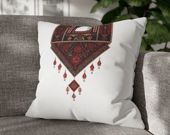 White cushion cover with oriental prints, square from 14 inch (35 cm) to 20 inch (50 cm)