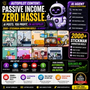 May include: A digital marketing infographic featuring a white robot with a laptop, text reading AUTOPILOT CONTENT PASSIVE INCOME ZERO HASSLE, 2000+ stickman animation reels, an AI agent workflow, and a revenue chart showing $28,563.42 in earnings.