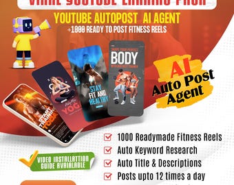 Puede incluir: Gráfico promocional para un paquete de ganancias de YouTube. La imagen presenta un personaje de dibujos animados, varias maquetas de teléfonos inteligentes que muestran contenido relacionado con el fitness y texto que destaca características como carretes prefabricados y una monetización más rápida.
