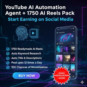 May include: Digital advert for YouTube AI automation, showing a smartphone app interface, a brain outline, and a list of features. Text includes "Start Earning on Social Media" and "Buy Now". The image is set against a dark blue background.