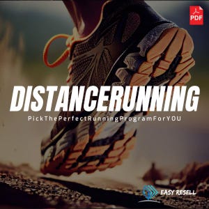 May include: A running shoe in mid-stride, with the word "DISTANCERUNNING" in large white letters. The text "PickThePerfectRunningProgramForYOU" is below. The shoe's colours are brown, black, and orange, indicating a focus on distance running.
