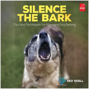 May include: A book cover featuring the title "SILENCE THE BARK" in yellow lettering. The text "Tips and Techniques for Managing Dog Barking" is below. A dog with an open mouth is the central image.