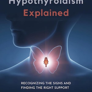 May include: A digital illustration featuring a silhouette of a human neck and jawline against a dark blue background. A glowing butterfly shape is positioned over the thyroid area. Text reads: Hypothyroidism Explained, Recognizing the Signs and Finding the Right Support, Easy Resell.