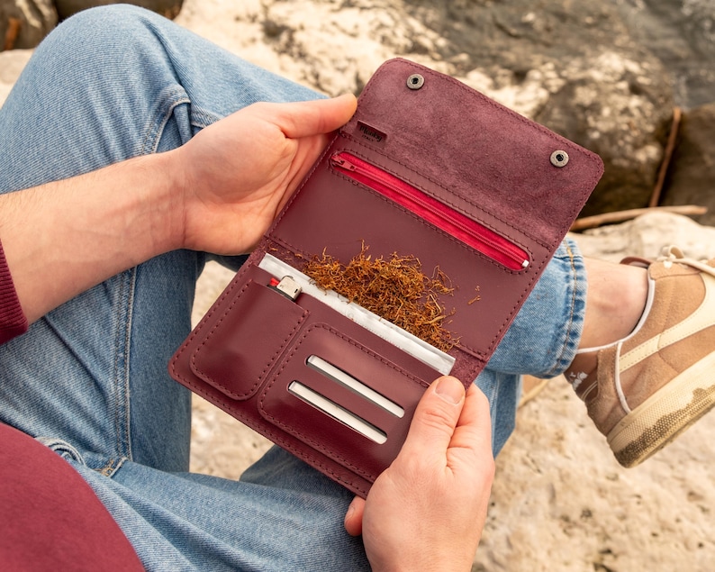 Personalized Leather Tobacco Pouch, Custom Engraved Rolling Kit Case, Handmade in Italy, Smoker Gift for Him, Fathers Day Gift image 11