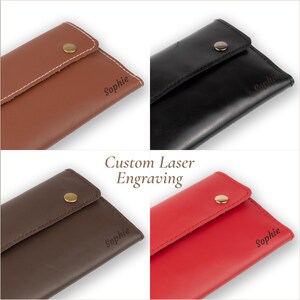 May include: A collage of four leather cases in brown, black, dark brown, and red. Each case has a flap secured by a gold-colored snap. The name "Sophie" is laser engraved on each case. The text "Custom Laser Engraving" is also visible.
