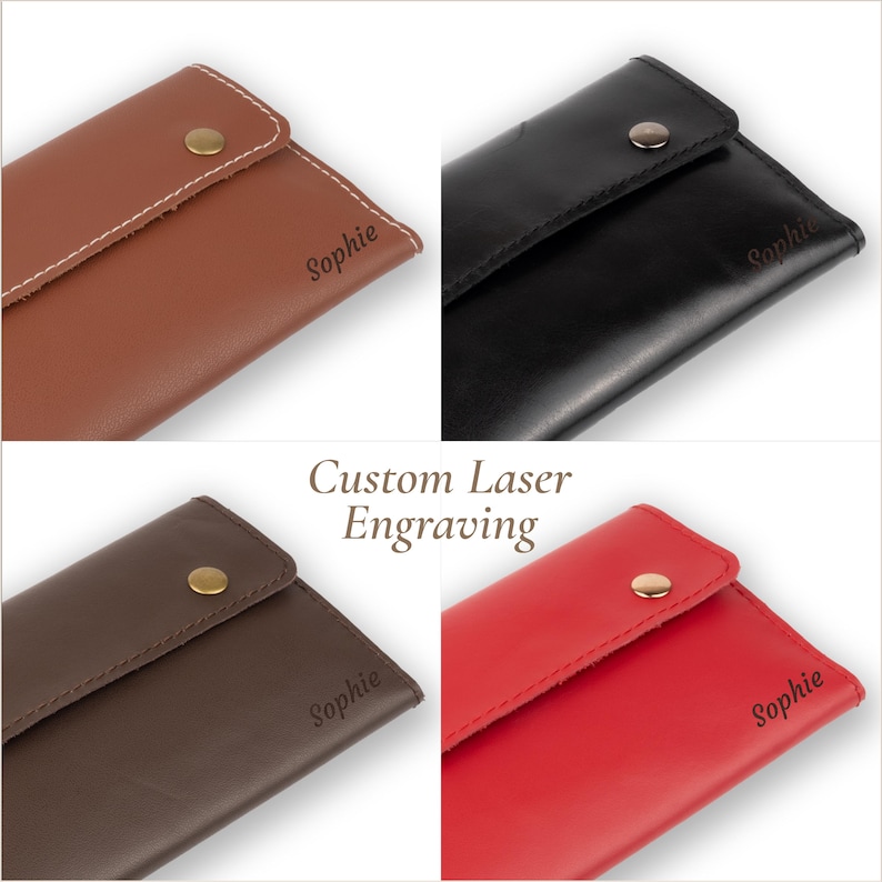 May include: A collage of four leather cases in brown, black, dark brown, and red. Each case has a flap secured by a gold-colored snap. The name "Sophie" is laser engraved on each case. The text "Custom Laser Engraving" is also visible.