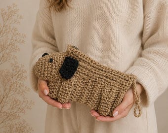 Borsa a tracolla all'uncinetto a forma di cane – Borsa in juta fatta a mano con fodera in cotone, graziosa borsa a tracolla a forma di cucciolo, borsa estiva ecologica, regalo per gli amanti dei cani