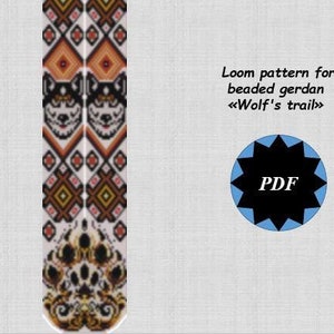 Może przedstawiać: Wzór PDF na naszyjnik z koralików o nazwie "Wolf's Trail". Wzór przedstawia projekt głowy wilka z geometrycznymi kształtami i odciskiem łapy.