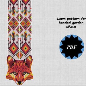 Könnte beinhalten: Ein Webmuster für eine Perlenkette mit einem Fuchsdesign. Das Muster ist im PDF-Format. Die Halskette hat ein geometrisches Design mit roten, orangefarbenen, gelben, weißen und schwarzen Perlen.