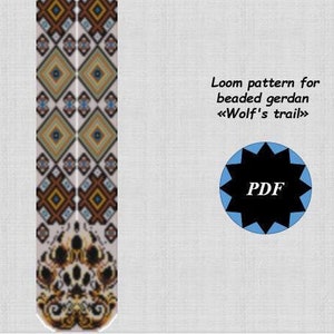 May include: A loom pattern for a beaded necklace called "Wolf's Trail". The pattern features a geometric design with brown, white, and yellow beads. The pattern is available as a PDF download.
