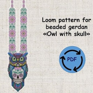 loom pattern beaded gerdan in PDF format, scheme beaded necklace, Owl with skull, beading, bead weaving, bright geometric pattern