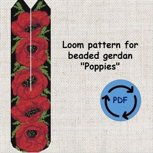 loom pattern beaded gerdan in PDF format, scheme beaded necklace, Poppies, bead weaving, bright flowers pattern