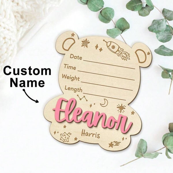 Custom Newborn Announcement Sign With Birth Stats, Baby Name Wooden Plaque, Bear Shaped Baby Wood Plaque, Newborn Baby Gift, Memorial Gift