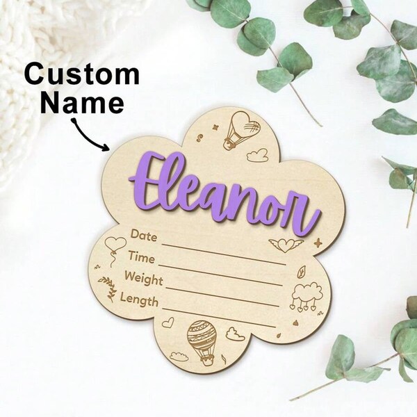 Custom Newborn Announcement Sign With Birth Stats, Baby Name Wooden Plaque, Flower Shaped Baby Wood Plaque, Newborn Baby Gift, Memorial Gift