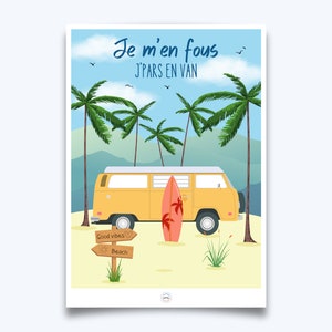 Cartel furgoneta en la playa, cartel no me importa, me voy en furgoneta, cartel vintage, cartel Volkswagen, decoración de interiores, cartel del sur