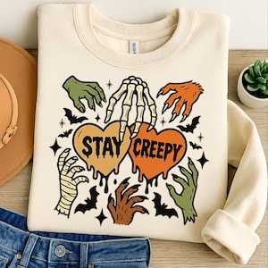 Halloween Stay Creepy PNG, Retro Dripping Heart Halloween Clipart, Skeleton Hand Spooky Graphic, Grunge Horror Sublimation Design Trendy Png