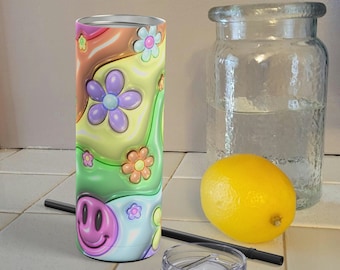 Flower Power Smiley Face Tumbler - Trendy 20oz Insulated Stainless Steel Drinkware, great gift daughter mother's day, trendy bubble design
