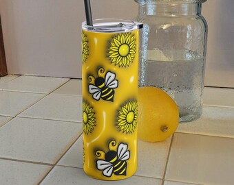 Sunflower Bee Insulated Tumbler - Trendy 20 oz Stainless Steel Cup, gift mother's day, super cute design, gift daughter, keeps hot & cold