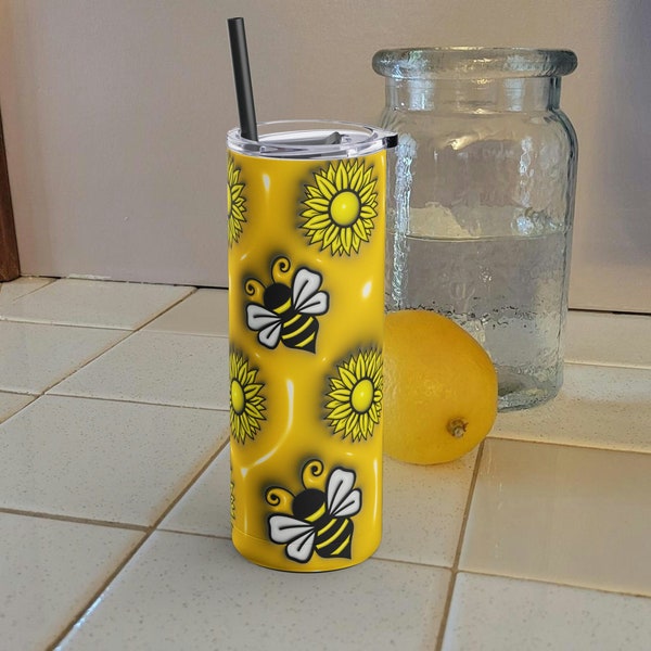 Sunflower Bee Insulated Tumbler - Trendy 20 oz Stainless Steel Cup, gift mother's day, super cute design, gift daughter, keeps hot & cold