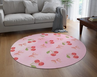 Chic Coquette Cherry Ribbon Rug - 5ft Round Cottage Design Area Rug for Home Décor, cute pattern to go with most any decorative style, dorm