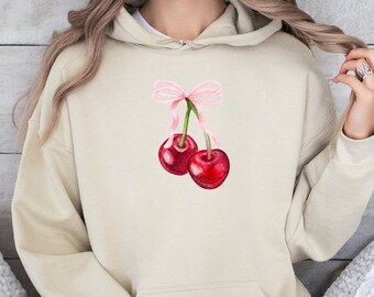 Cherry Pink Ribbon Hoodie - Cute Cottage core Aesthetic Sweatshirt for Stylish Comfort, Coquette trendy hoodie, cute ribbon design, spicy