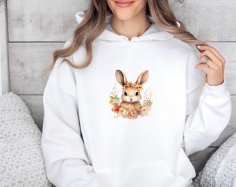 Coquette Chic Bunny Floral Hoodie - Cozy Aesthetic Sweatshirt for Everyday Wear, trendy design, cute Bunny and me, comfy and in style, love