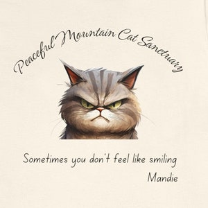 May include: A white t-shirt with a black and white illustration of a grumpy cat. The text "Peaceful Mountain Cat Sanctuary" is written in a circle around the cat. The text "Sometimes you don't feel like smiling" is written below the cat. The text "Mandie" is written below the text.