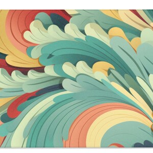 May include: Abstract art print featuring a swirling pattern of teal, green, yellow, orange, and red colors. The design resembles stylized leaves or feathers.