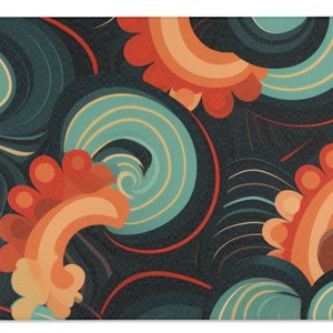 May include: Abstract pattern rug with swirling shapes in shades of teal, orange, and brown on a dark blue background.