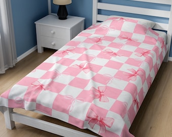 Coquette home decor plush Velveteen blanket, Chic Pink Checkered Velveteen Blanket with Cozy Ribbons – Soft Feminine Home Decor Accent, love