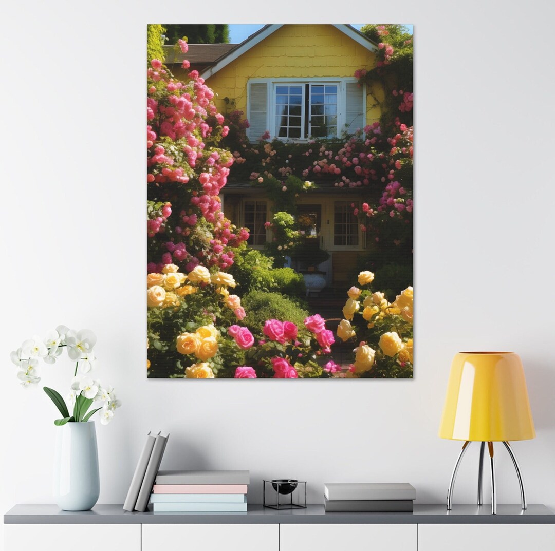 Enchanting Rose Cottage Canvas Print, Whimsical Floral Home Decor Wall ...