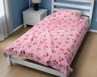Chic Velveteen Cherry Ribbon Print Blanket - Luxurious Coquette Style Home Decor, Soft Floral Accent, perfect for dorm room, cottage cute