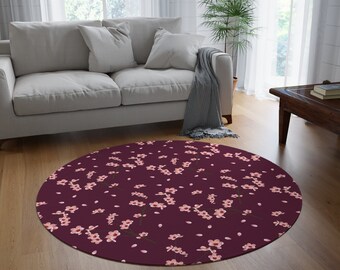 Burgundy cherry flower chic floor rug 5 ft round coquette home decor floral design mat, cottage style, aesthetic contemporary trendy lovely