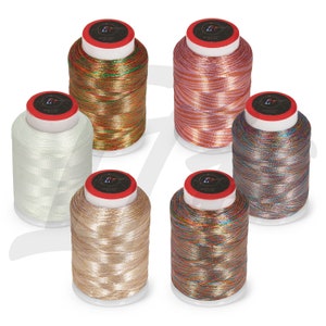 May include: Six spools of metallic embroidery thread in various colours, including green, orange, pink, gold, and silver. The spools are arranged in a circle on a white background.