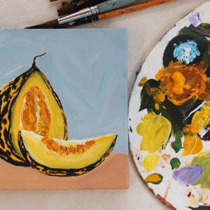Melon Painting On Canvas, Miniature Fruit Art,  Wall Decor, Original Still Life kitchen Wall Decor, Handmade Artwork, Modern Small Wall Art