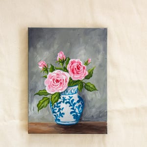 Vintage Roses in Blue and White Vase Painting, Original Floral Artwork, 6x6 Inches Small Canvas Art, Chinoiserie Wall Art, Mothers Day Gift