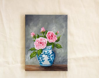 Vintage Roses in Blue and White Vase Painting, Original Floral Artwork, 6x6 Inches Small Canvas Art, Chinoiserie Wall Art, Mothers Day Gift