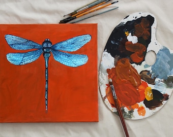 Blue Dragonfly Animal Painting, Abstract Unique Home Decor, Original Insect Wall Art, Handmade Minimalist Artwork, Acrylic Paint On Canvas