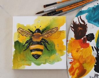 Bee Painting, Fun Nursery Decor, Honey Bee Wall Art, Small Spring Themed Art, Minimalist Square Wall Decor, Original Impressionist Artwork