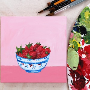 Strawberry Painting, Original Kitchen Decor, Small Fruit Wall Art for Dining Room, Still Life Fruit Wall Art, Handmade Small Square Canvas