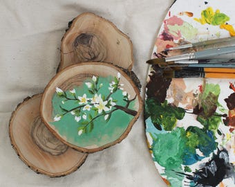 Cherry Blossoms Painting, Soft Pastel Cherry Wall Art, Natural Wood Slice Art, Spring Floral Decor, Minimalist Home Decor, Small Rustic Art