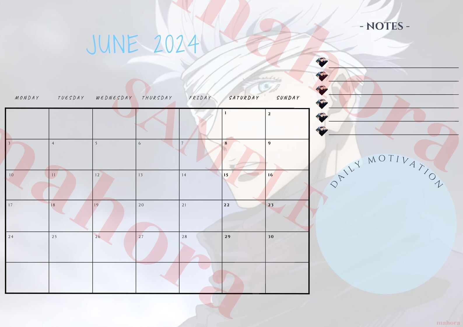 Digital Calendar, Jujutsu Kaisen Calendar, 2024, Printable Calendar