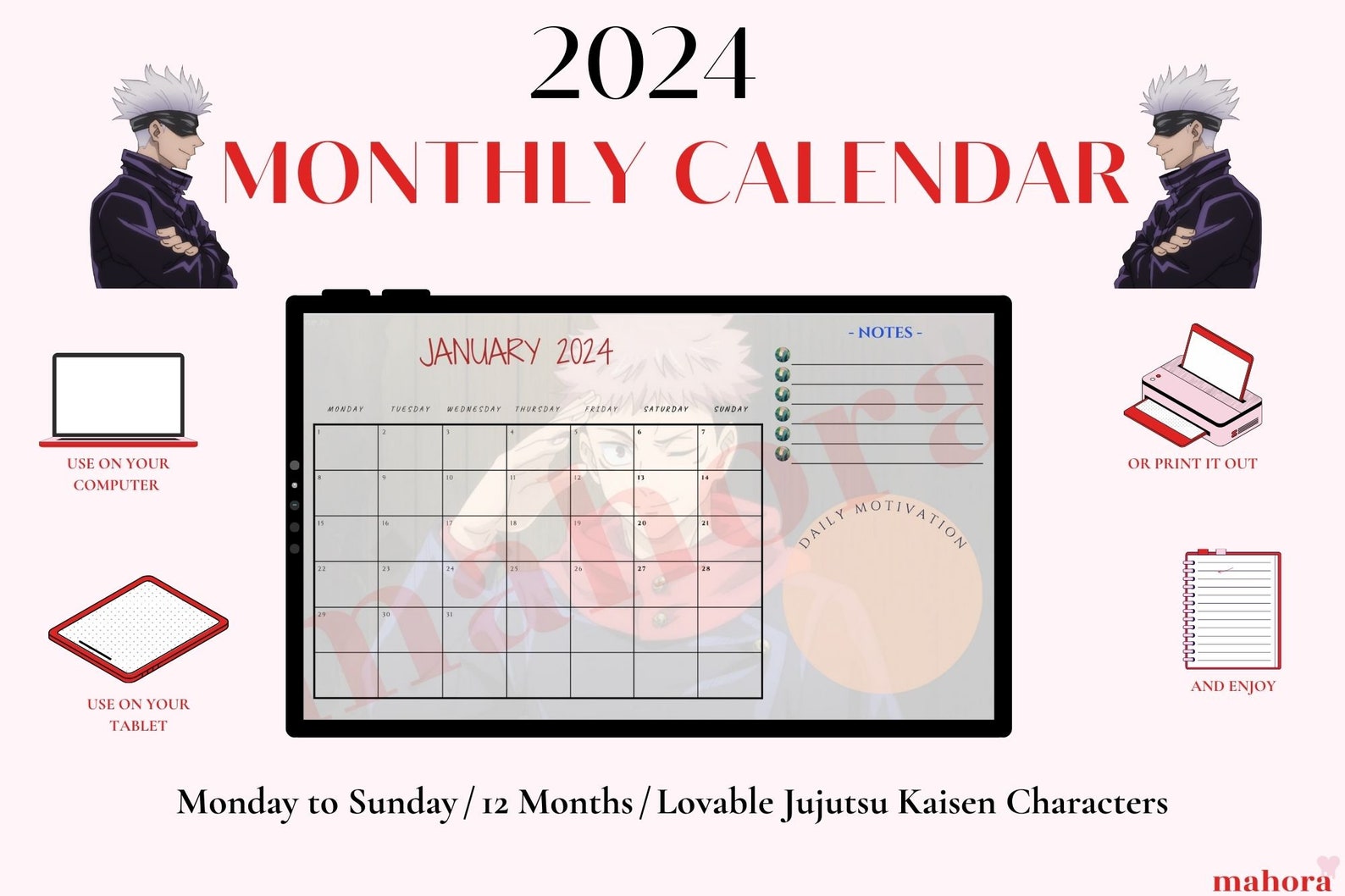 Digital Calendar, Jujutsu Kaisen Calendar, 2024, Printable Calendar