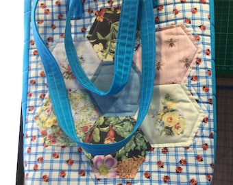 Unique blue patchwork, quilted tote bag (12x10x4 inches)