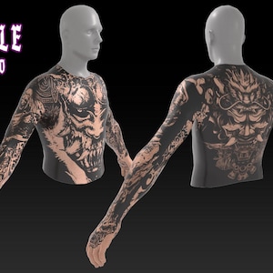 Może przedstawiać: Cyfrowe renderowanie tułowia i ramion z pełnym wzorem tatuażu na rękawie. Tatuaż przedstawia szczegółową ilustrację maski Oni i innych japońskich obrazów. Tekst "FOR SALE ONI TATTOO" jest wyświetlany w kolorze różowym.