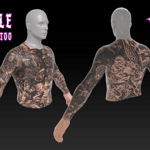 May include: A digital rendering of a full-sleeve tattoo design on a mannequin. The tattoo features a detailed, black and brown mythological theme with the text "FOR SALE OLYMPUS TATTOO". The design is displayed on the front and back of the mannequin.