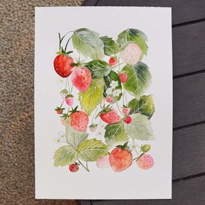 ORIGINAL Artwork, Watercolor Strawberries Painting, Wall Decor, Handmade Art