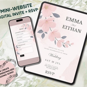 Soft Pink Floral Wedding Invitation Digital Site + RSVP, Personalized Music, Secure, QR Code Access. Mini Wedding Website, Elegant, Classic