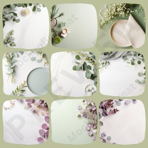 May include: Nine different flat lay images with a white background and green and purple foliage. Some images feature a plate or a cup.