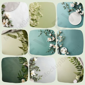 May include: A collage of nine images featuring different floral arrangements with white flowers and green foliage. Each image has a different background color, including green, blue, and gray. The images are arranged in a 3x3 grid.